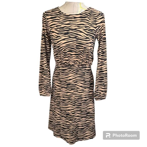 LOFT Size 00 Petite Brown Animal Long Sleeve Open V-Back Blouson Mini Dress NWT - Picture 1 of 10
